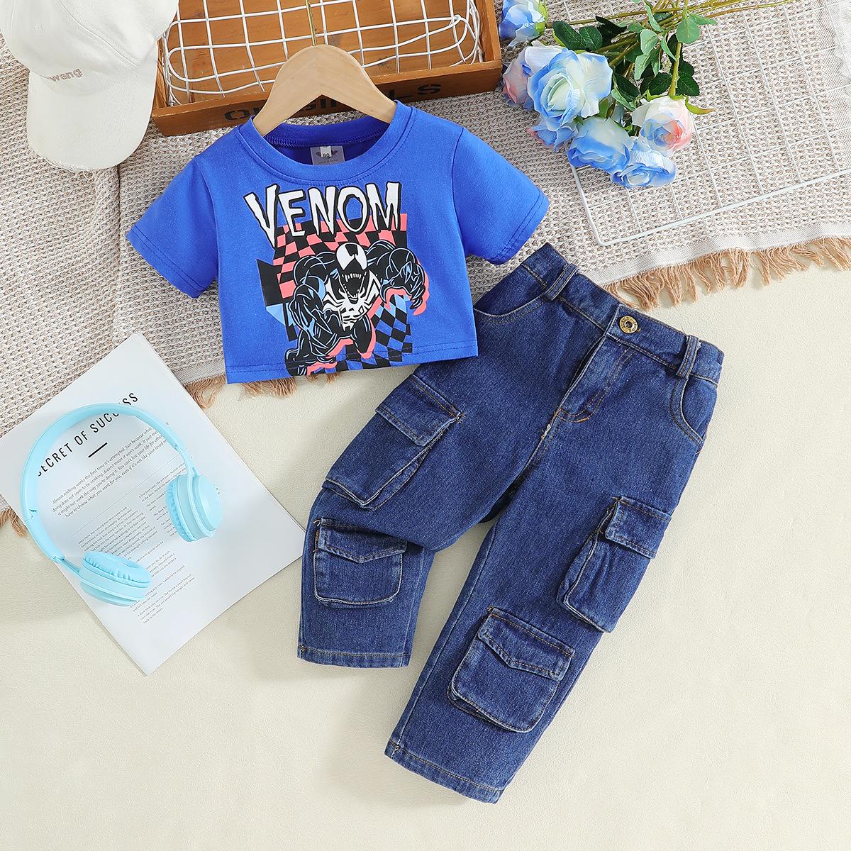 

Комплект мультяшной футболки и джинсовых брюк рабочей одежды для девочек на весну/осень 2025 90 cm синий