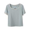 Large size women's clothing design sense V-neck short-sleeved T-shirt spring and summer new front shoulder elastic top 121984