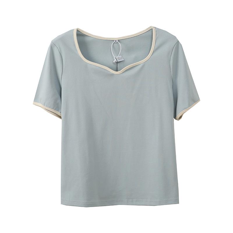 Large size women's clothing design sense V-neck short-sleeved T-shirt spring and summer new front shoulder elastic top 121984