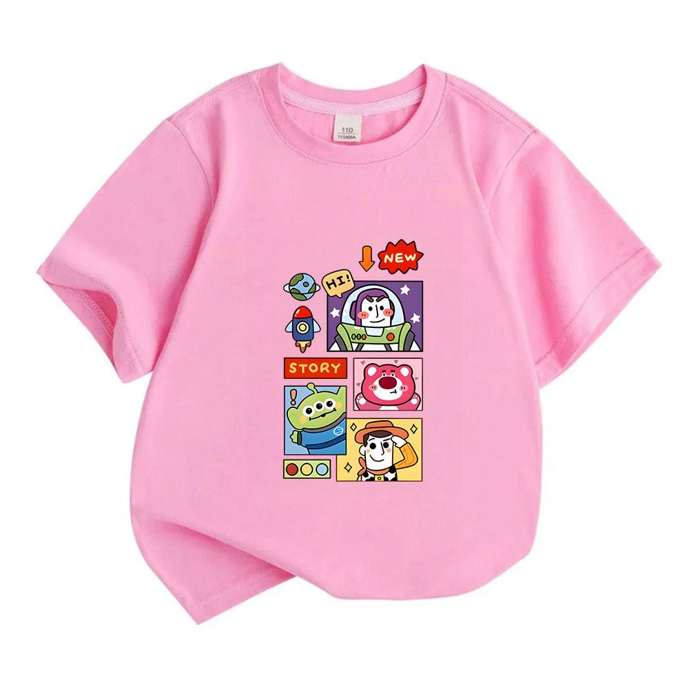 Kids Boys Girls Crew Neck Short Sleeve 100% Cotton T-Shirt Cute Cartoon Space Toy Characters Print Casual Soft Breathable Tees Tops for Children Daily