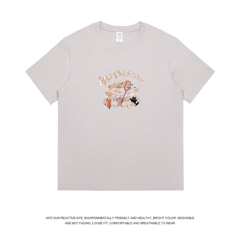 

Унисекс Белая хлопковая футболка с японским мультяшным принтом в виде пузырей - Свободный крой, Короткий рукав, Простой летний стиль для пары S (40-50 kg)