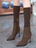 Sexy metal belt buckle pointed high heels but knee boots women's new knitted elastic boots for autumn and winter 2025