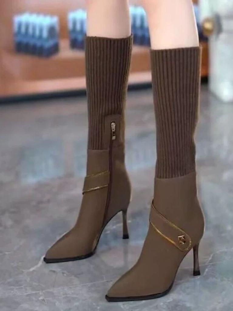 Sexy metal belt buckle pointed high heels but knee boots women's new knitted elastic boots for autumn and winter 2025