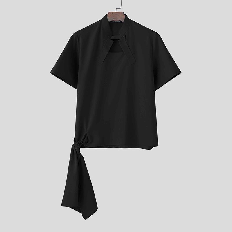 

INCERUN Men Summer Stand Neck Short Sleeve Twisted Belt Casual Shirts 4XL