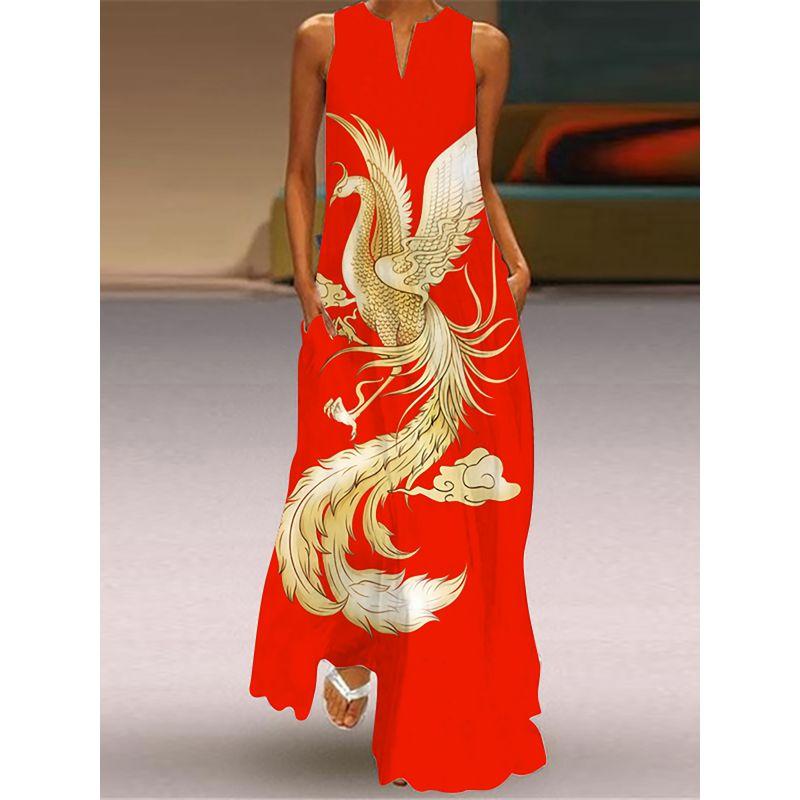 Phoenix Dress Chinese Style Retro Chinese Sleeveless Cheongsam Red Dress Stage Show Elegance Elegant Dress