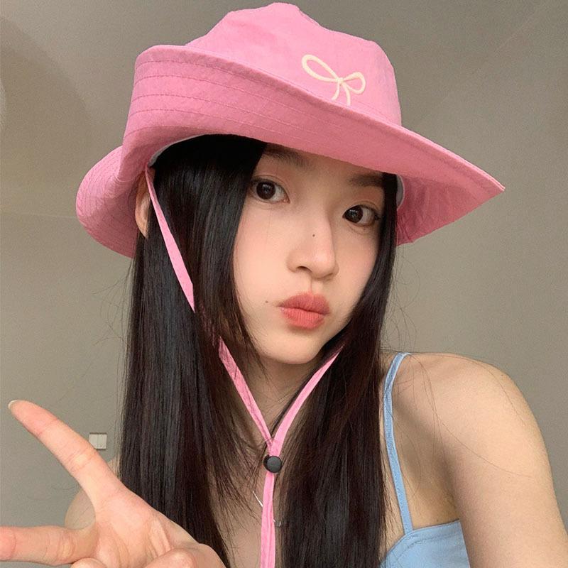 Women Quick Dry Bucket Hat Sun Protection Wide Brim Foldable Outdoor Hiking Camping Panama Cap with Bow Embroidery