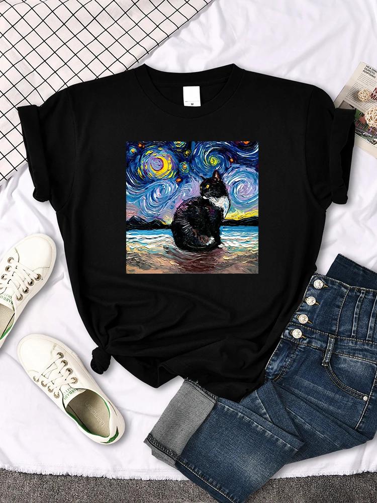 Mona Lisa T Shirts Funny Cat Lovely Cute Printed TShirt for WomenS Crewneck Gothic Women Tshirt Casual Female Tee Shirts