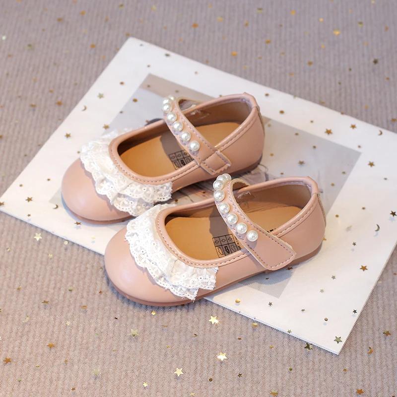 Little Girls Flats with Lace Beading 2025 Spring Autumn Brand New Soft Sweet Princess Kids Leather Shoes for Wedding Party Cute