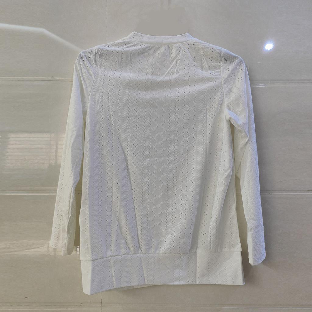 Women's Casual Solid Color Hollow-out Buttons Decorated Round Neck T-shirt Top