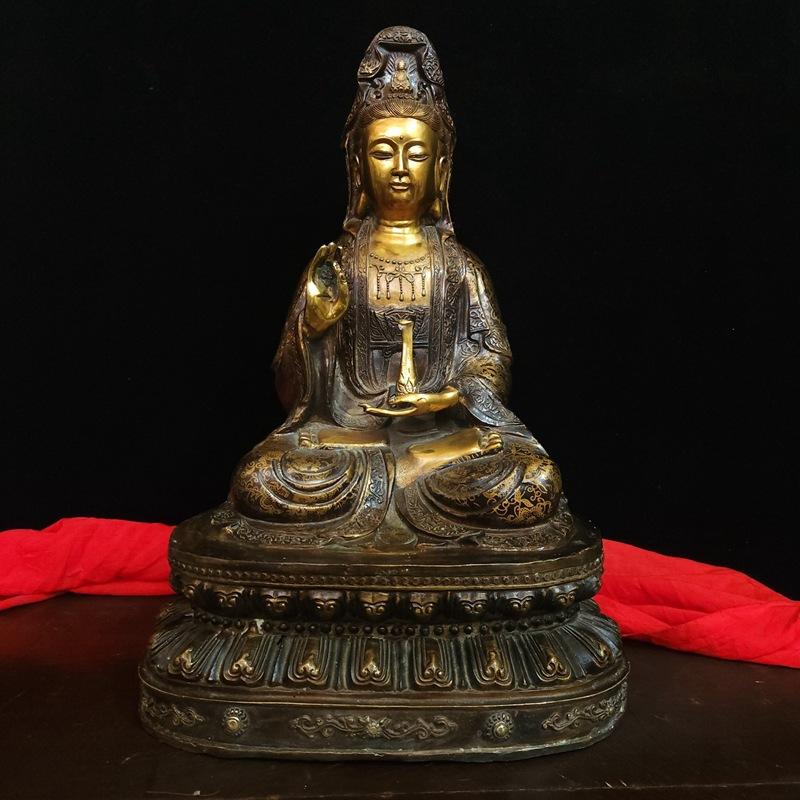 Style Full Color Painted Copper Home Decor Craft Ornament South Sea Lotus Guanyin Buddha Statue Decoration