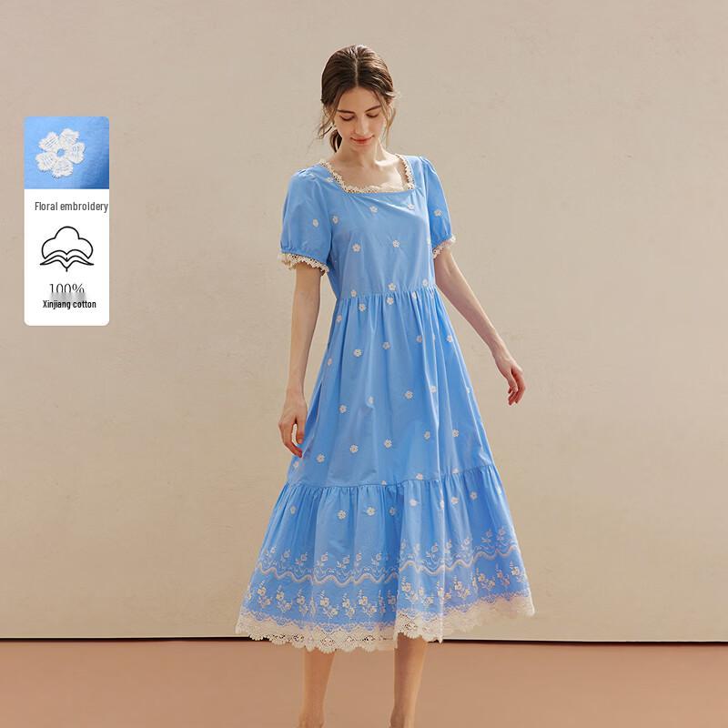 INMAN Embroidered Square Neck Cotton Dress L