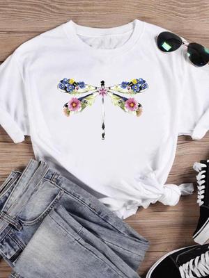 (Asian Size) Women's Dragonfly Flower Cute Floral Top T Clothing Casual Fashion Print Female Casual Graphic Tee Short Sleeve T-shirts