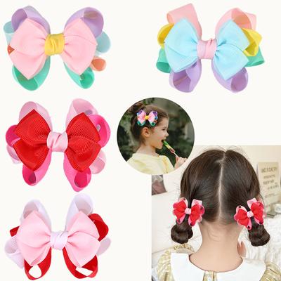 2Pcs Trendy Patchwork Bow Hair Clips Ribbon Colour Hairpins Barrettes With Unique Design Kids Girl Hair Accessories Headwear