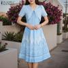 ZANZEA Women Casual Lace Up V-Neck Short Sleeve Print Dress