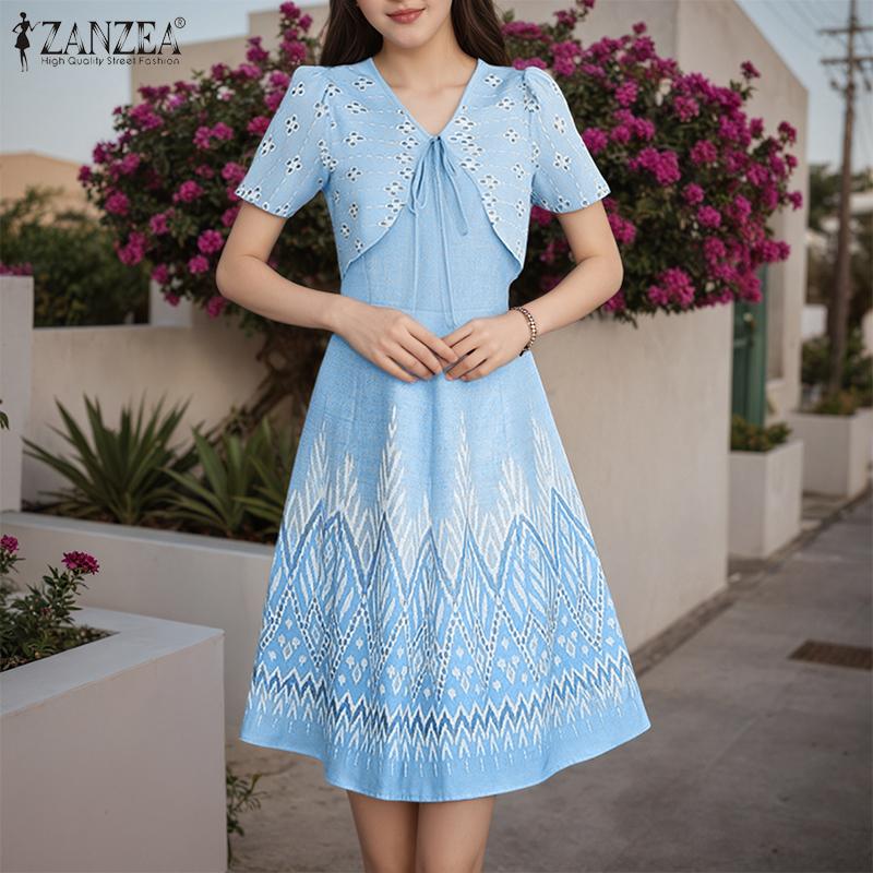 ZANZEA Women Casual Lace Up V-Neck Short Sleeve Print Dress
