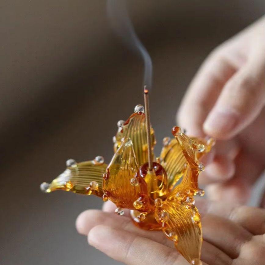 Handmade Flower Ceramic Incense Holder, Artificial Crystal Glass Foam Incense Sticks Holder  Artistic Iris Flower Gift for Women