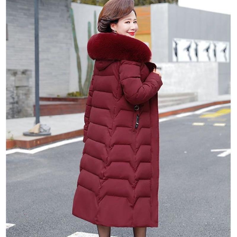 Winter Hooded Slim Down Cotton Jacket Solid Color Fur Collar Thick Parkas Coat Middle-aged Mother Warm Over-The-Knee Overcoat