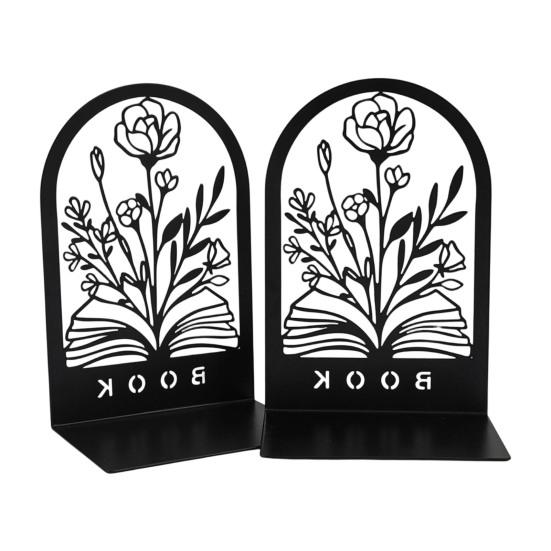 1 Pair Flower Metal Bookends Decorative Flower Vase Book Ends for Shelves Black