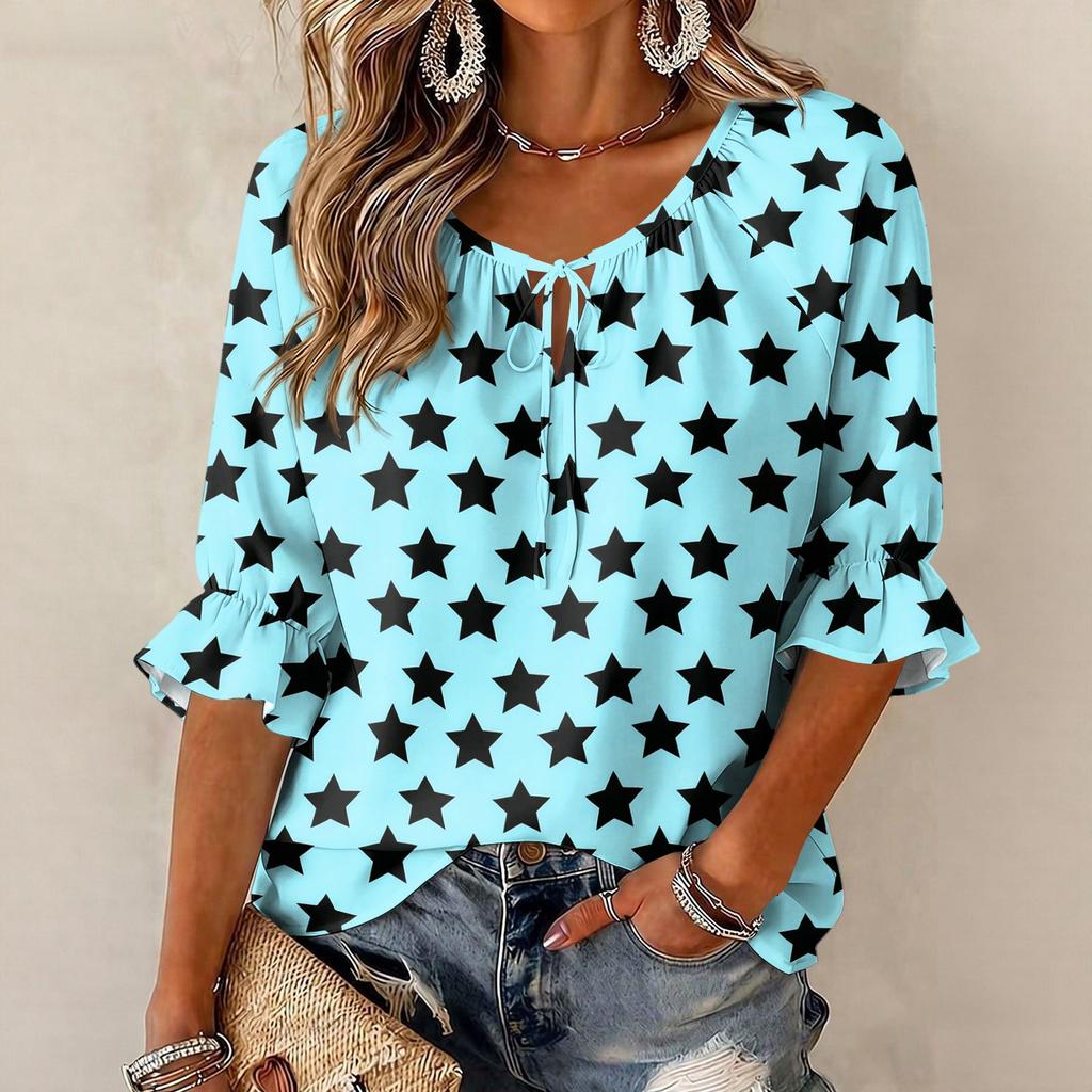Women's Round Neck Three-Quarter Sleeve Blouse with Star Print and Ruffle Hem Tie