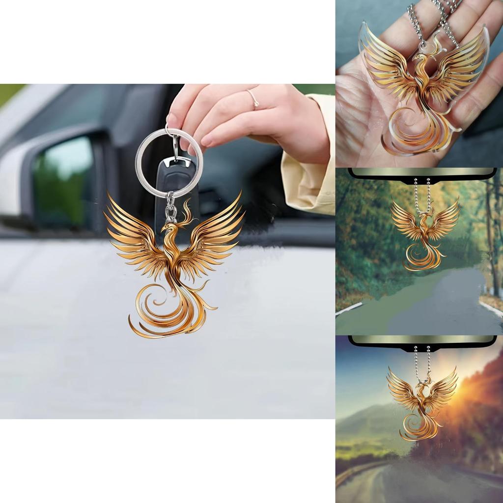 Chic Vintage Acrylic Golden Phoenix Car Hanging Ornament Trendy Backpack Keychain Decor