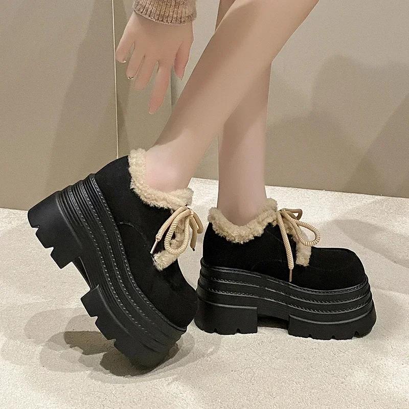 Fashion 10CM New Winter Women Warm Cotton Snow Shoes 2025 Fashion High Platform Sneakers Thick Heels Suede Leather Ladies Plush Pumps