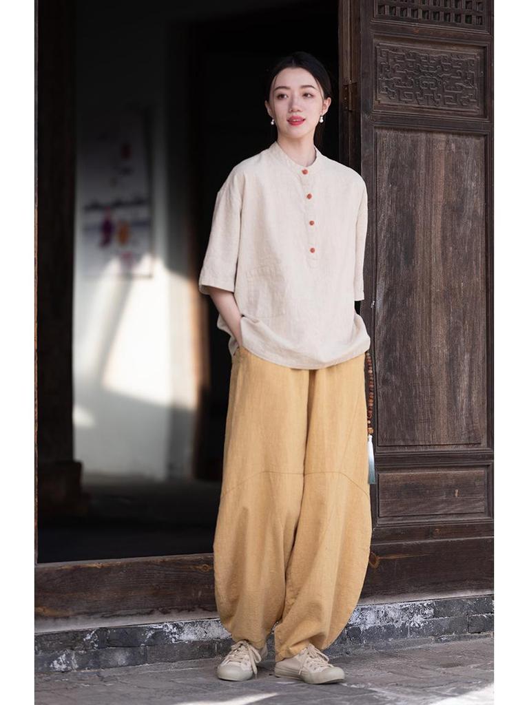 Women's Retro Ramie Sand-Washed Distressed Loose Lantern Pants for Meditation and Tai Chi