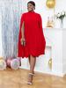 AOMEI Party Dresses for Women Stand Collar Pleated Cape Sleeve Loose Midi Dresses Elegant Lady Evening Wedding Birthday Events Red Outfit
