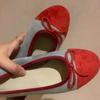 Cowhide Version~ Korean Version of Color Matching Round Head Suede Bow Flat-bottomed Mary Jane Single Shoes Women's One-pedal Ballet Shoes