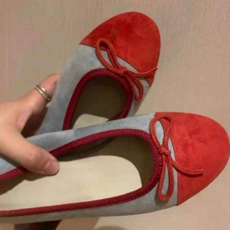 Cowhide Version~ Korean Version of Color Matching Round Head Suede Bow Flat-bottomed Mary Jane Single Shoes Women's One-pedal Ballet Shoes