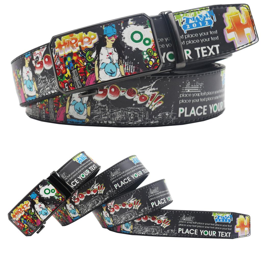 New Casual Automatic Buckle Printed Graffiti Casual Versatile Personalized Belt Belt European and American Versatile