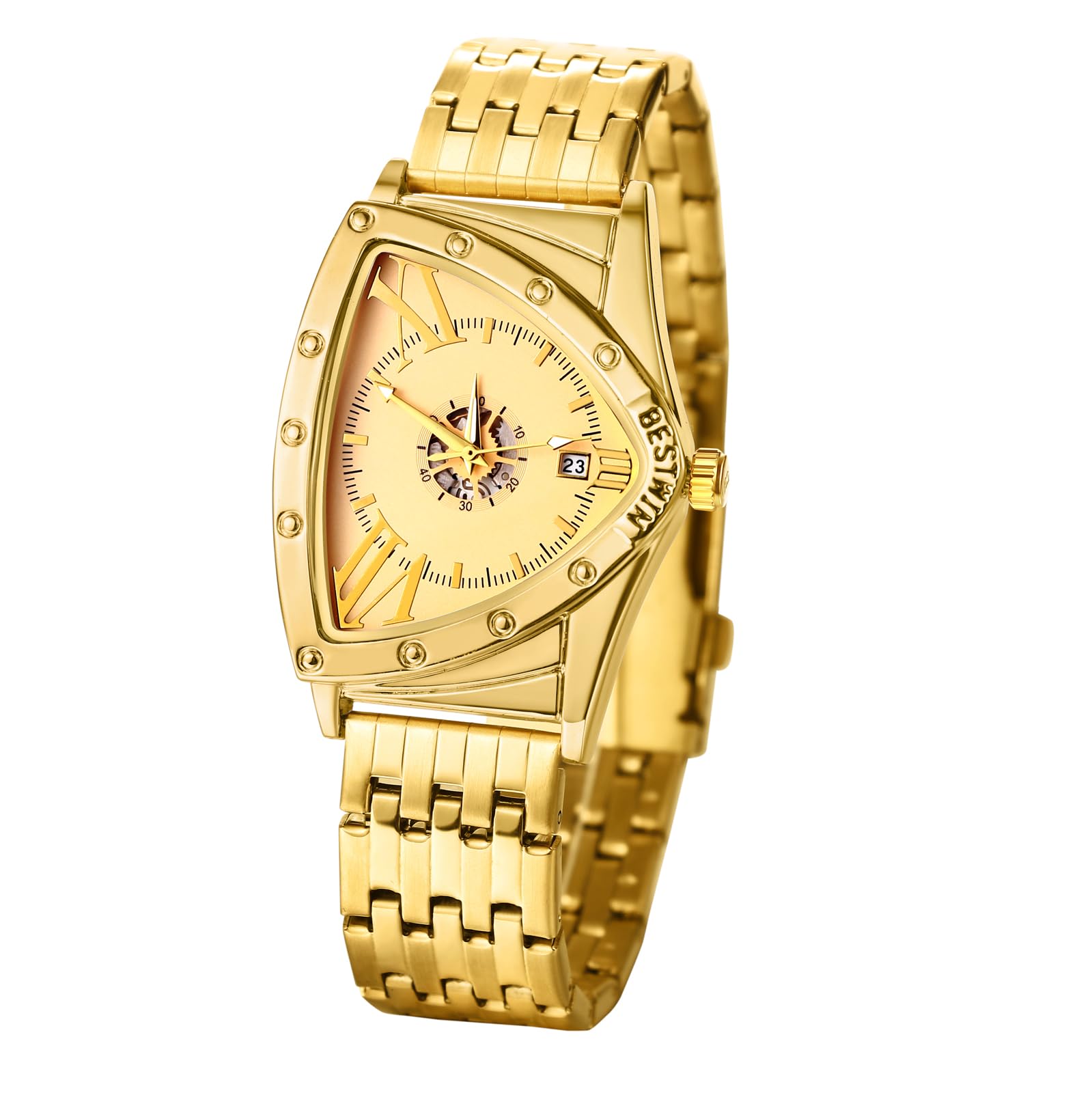 

Чоловічий Трикутний Годинник, Стильний та Водонепроникний, з Римськими Цифрами, Аналоговим Календарем, Нержавіюча Сталь, Античне Срібло та Золото - Чудовий Подарунок для