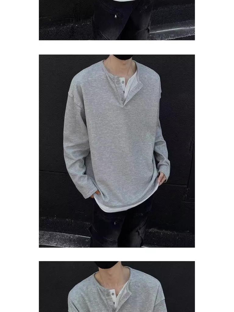 Men's Autumn Korean Style Slim-Fit Henley Long-Sleeve T-Shirt