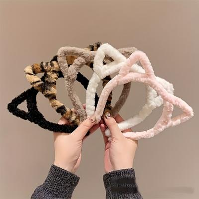 5Pcs Leopard Print Plush Cat Ear Headbands, A Cute Retro-Style Hair Accessory For Women, Suitable For Makeup, Face Washing, And Outdoor Use