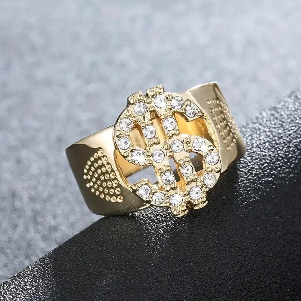 Charm Gold Dollar Sign Ring for Women Men Inlaid Rhinestone Trendy Valentine's Day Couple Jewelry Gifts Resizable
