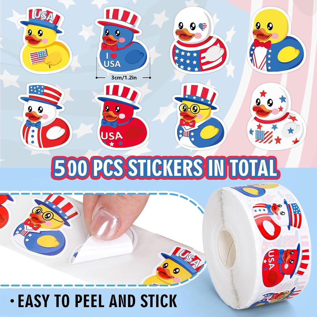 500 Pcs Patriotic Rubber Duck Roll Stickers 250Th Anniversary 4Th Of July Cartoon Usa Duck Sticker For Independence Day