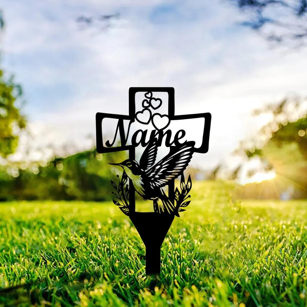 Hummingbird Metal Garden Stake Decorative Cross Memorial Gift for Bird Lovers Outdoor Art