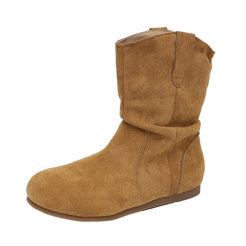 Frosted version~ Retro flat-bottomed short boots women's western boots autumn and winter sleeve round head stacking boots slim short women's boots