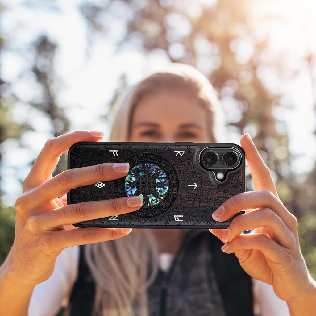 Carveit Magnetic Case for iPhone 16 Plus Case, Wood Artisan Engraved & Handmade Shell Inlaid, TPU Shockproof Cover, Compatible with MagSafe Wireless