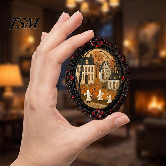 Spooky Witch Castle Wall Art Halloween Wooden Refrigerator Magnets, Vintage Gothic Oval Frame Fridge Magnets with Unique Kitchen Metal Surface