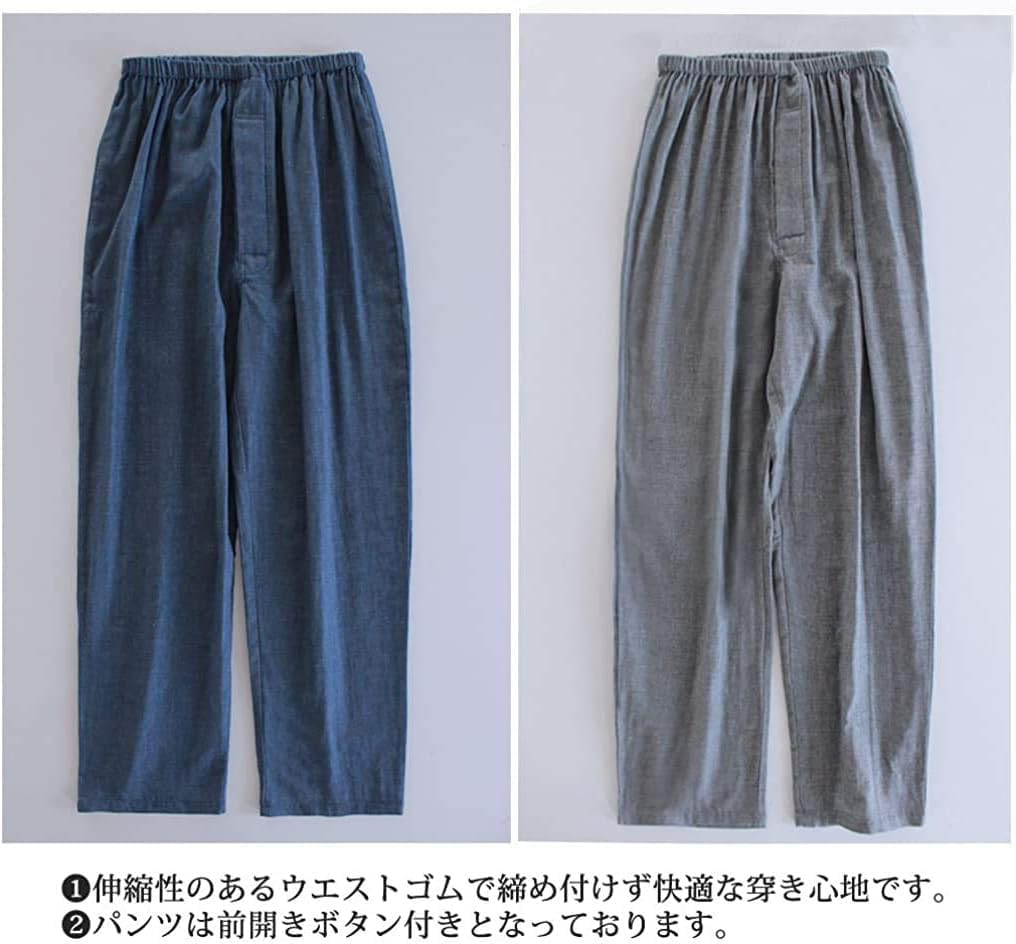 MXKDEN Erme Gaze Topp og Bunn og Høst Marineblå Herre Lang/Kort Pyjamas, 100% Bomull, Åpen Front, Dobbeltlags Sett, Vår, Sommer, (L, (Lang