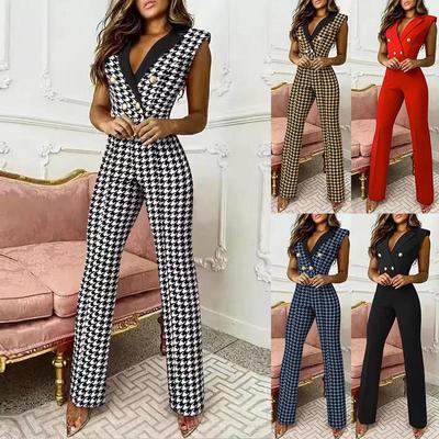 Yaz Tulumlar Kadınlar Zarif Ofis Bayanlar Düğme Tulum Moda Balıksırtı Baskı Rahat Geniş Bacak Pantolon Playsuits