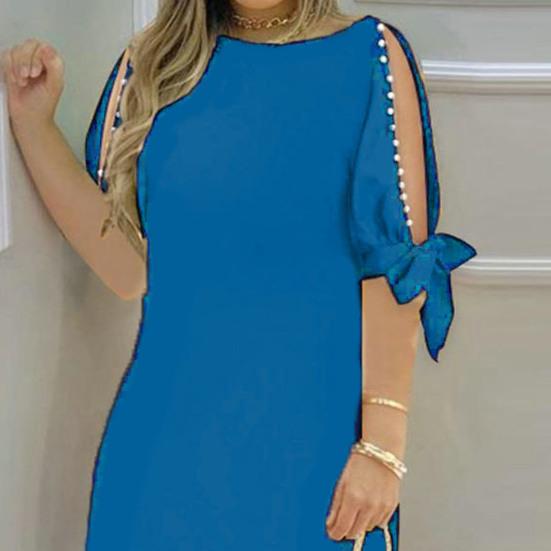 Damen-Kleid, aushöhlen, kurze Ärmel, Rundhalsausschnitt, einfarbig, weich, atmungsaktiv, locker, knielang, Kunstperlen-Dekor, Damen-Midikleid für den Pendelverkehr
