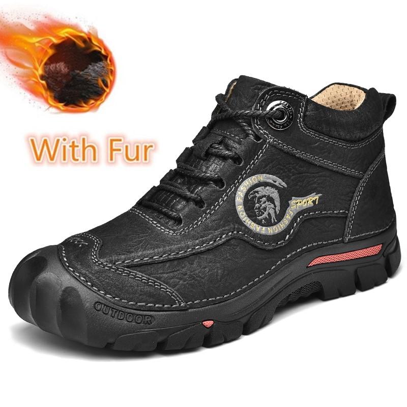 Men'S Comfortable Casual Genuine Leather Shoes Men High Quality Mens Sneakers Outdoor Winter Men Boots Warm Plush Hiking Boots