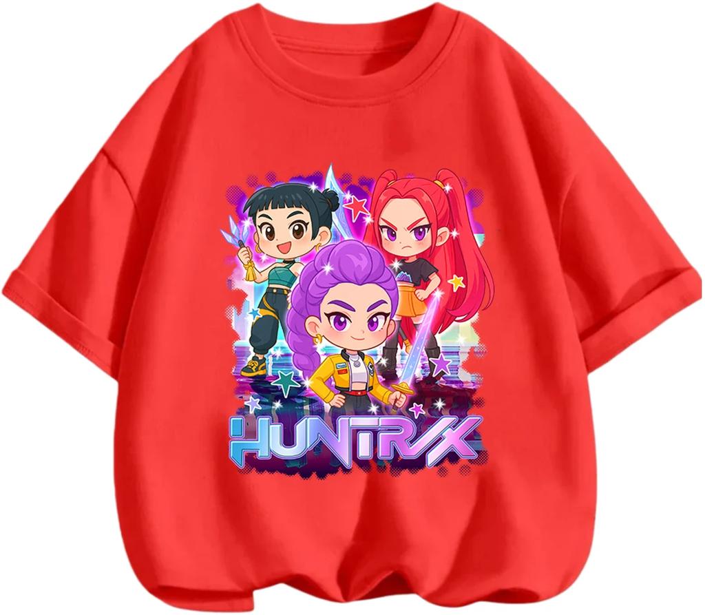 Playful Cartoon Kpop Demon Hunters Kids Tee Summer Casual Round Neck Design Daily School And Outdoor Wear Boys Girls Tops