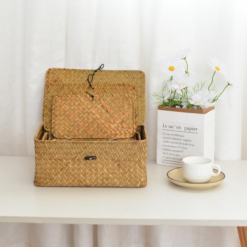 Handmade Seaweed Woven Storage Box, Retro Storage Rack Basket, with Lid Buckle Design, Household Miscellaneous Storage Box