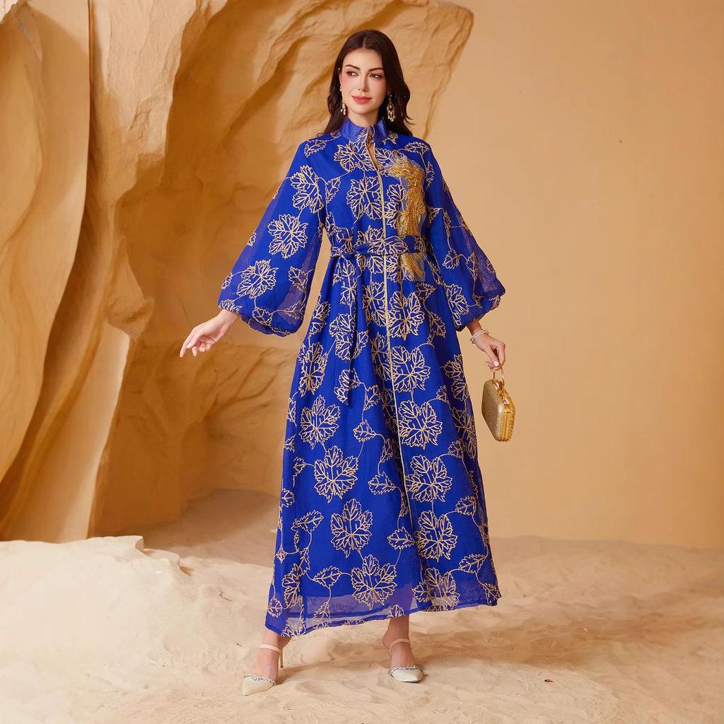 SW67 Ethnic Sequin Burnout Evening Dress with Puff Sleeves for Muslim Women - Jalabiy Style