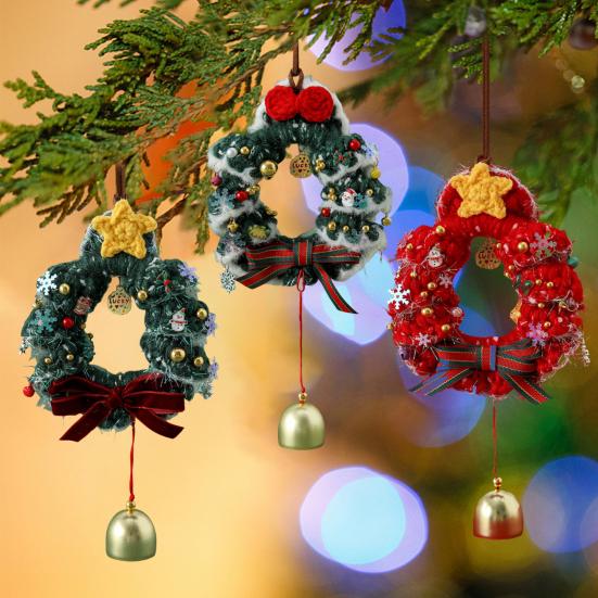 Christmas Crochet Wreath Hanging Decoration Xmas Tree Car Rearview Mirror Hanging Handmade Wreath Bell Ornament Holliday Party Pendant