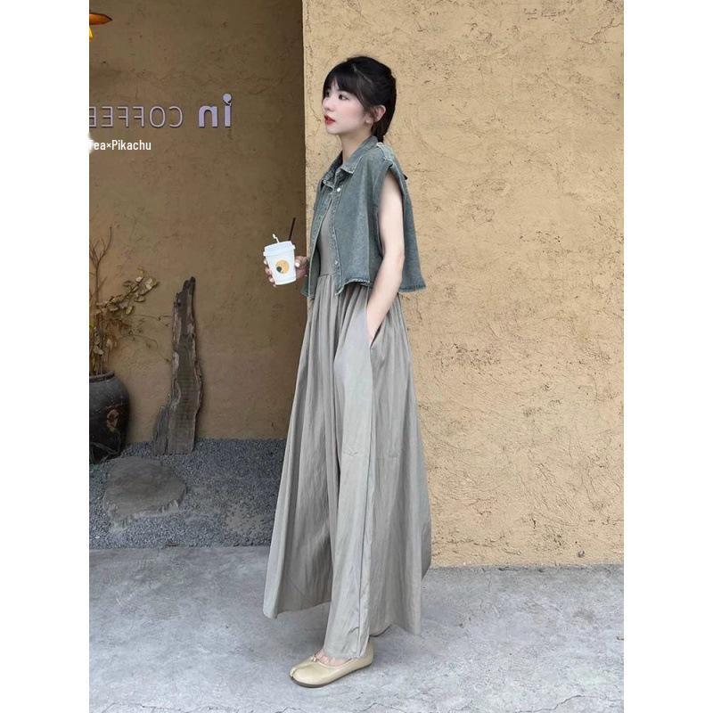 Tea-Toned Summer Chic: Salt-Style Denim Jacket & Dress Set - Trendy, Youthful, and Elegant.
