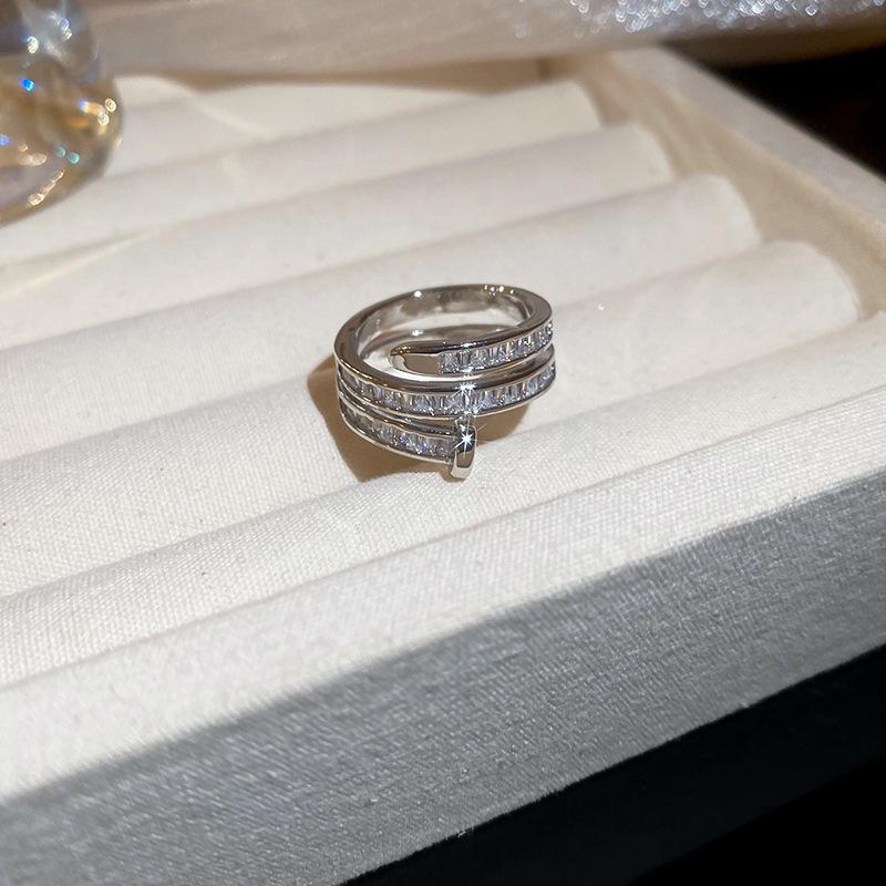 Platinum Zircon Multilayer Open Ring: Exquisite, Light Luxury, High-End Fashion, Versatile Jewelry Design