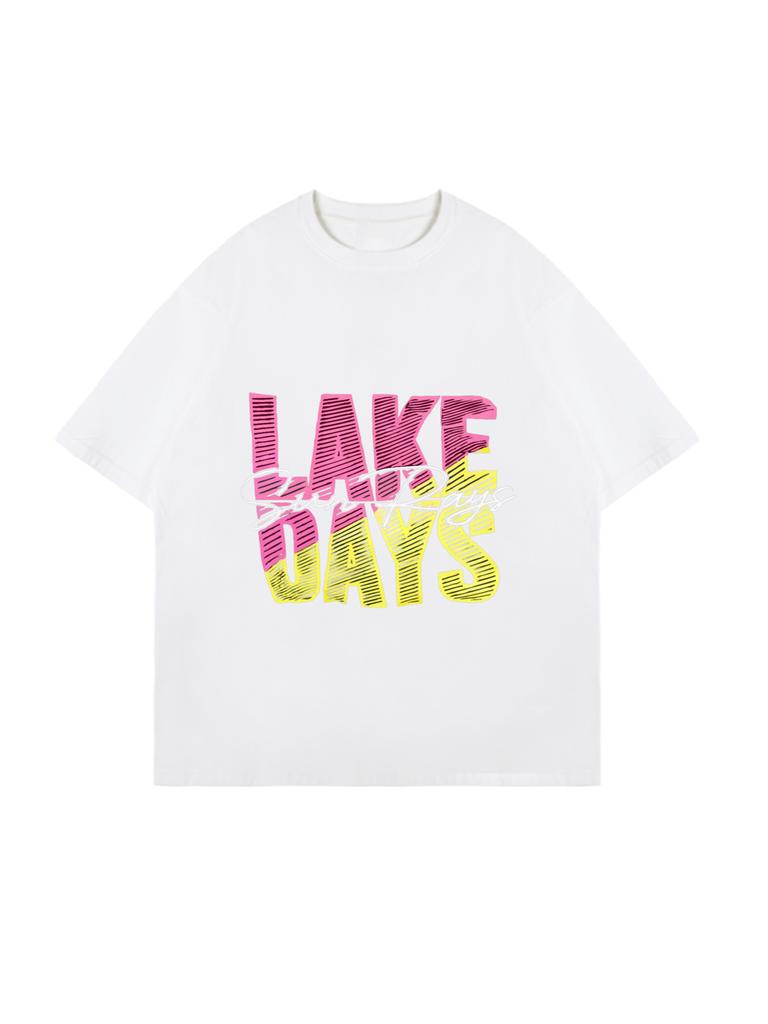 Lake Days Oversized T Shirt Black Pink And Yellow Gradient Text Sun Rays Print Summer Beach Vacation Wear